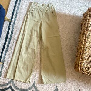 Muted Olive Green Zara Wide Leg Pants, Cropped Distressed Hemline, Button Detail